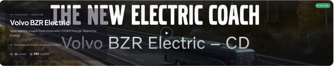 A featured video campaign in the Advertisement studio, running on a coach fleet's on-board portal